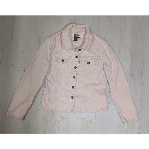 Pink Barbiecore Live A Little Cropped Jean Jacket Tailored Stretch Cotton Snap M - Picture 2 of 10